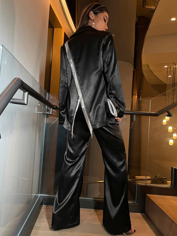 Fringe Trim Split Back Single Breasted Blazer & Pants | SHEIN