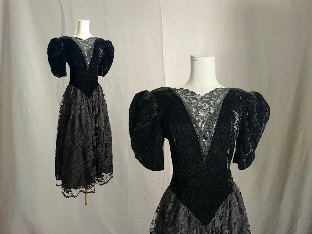 Black Lace 80s Prom Dress Vintage | Sequin and Velvet Details | Scott Mcclintock | Size Medium Sm... | Etsy (US)