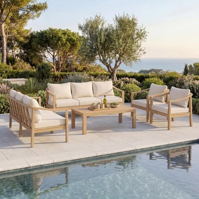 Christopher Knight Home Roy Modern 5 Piece Acacia Patio Seating Set with Cushion and Slatted Table, Light Teak/Cream | Target
