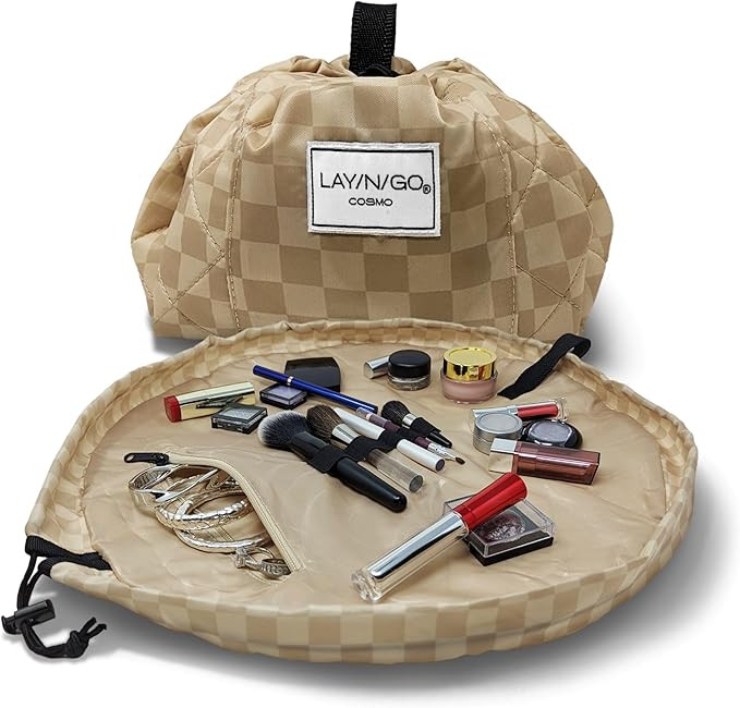 Lay-n-Go Cosmo Layflat Drawstring Cosmetic & Makeup Bag Organizer - Portable Drawstring Bag w/Zip... | Amazon (US)