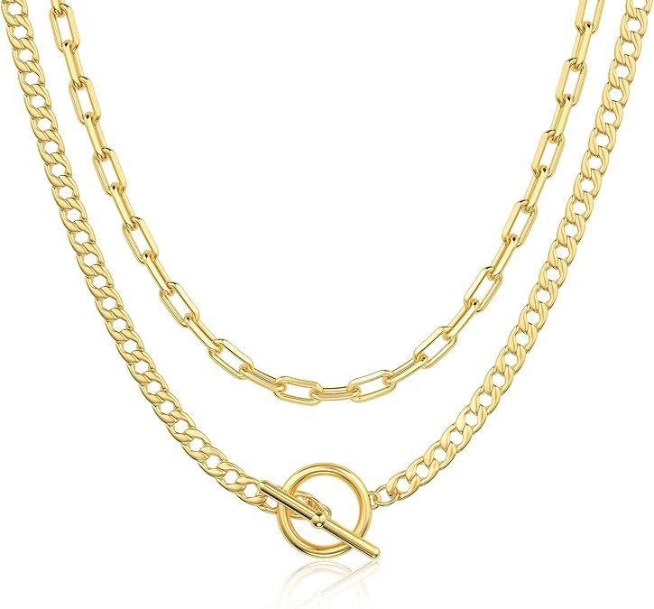 CHESKY Layered Necklaces for Women, 14K Gold Plated Chain Necklace Women Trendy Cuban Link Paperc... | Amazon (US)