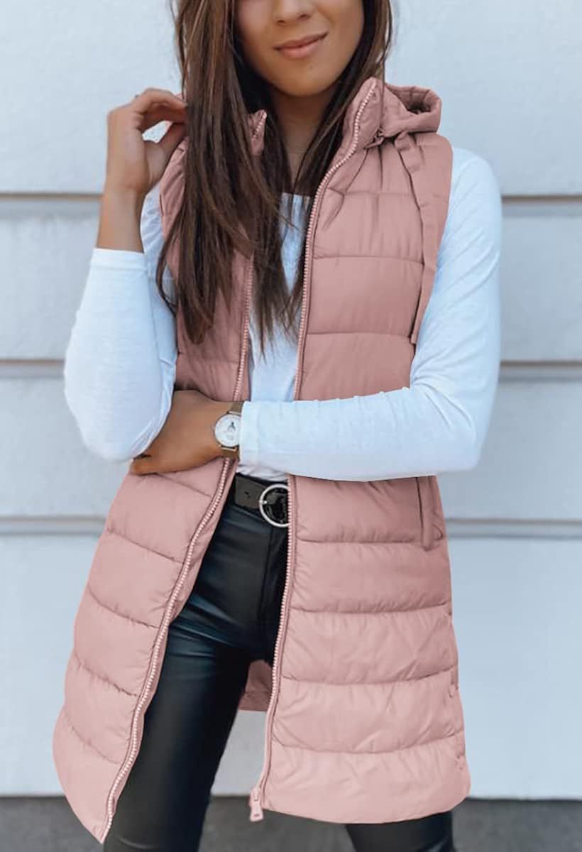 Veatzaer Women Long Vest Solid Color Sleeveless Hood Winter Puffer Vest Outwear | Amazon (US)