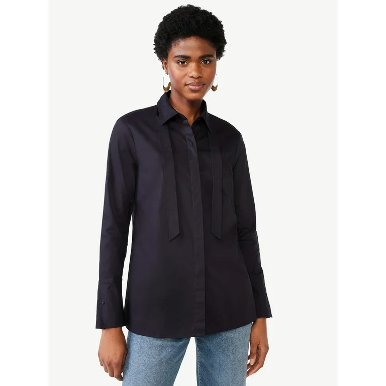 Scoop Women's Tie Neck Button Front Poplin Tunic Shirt with Long Sleeves, Sizes XS-XXL | Walmart (US)