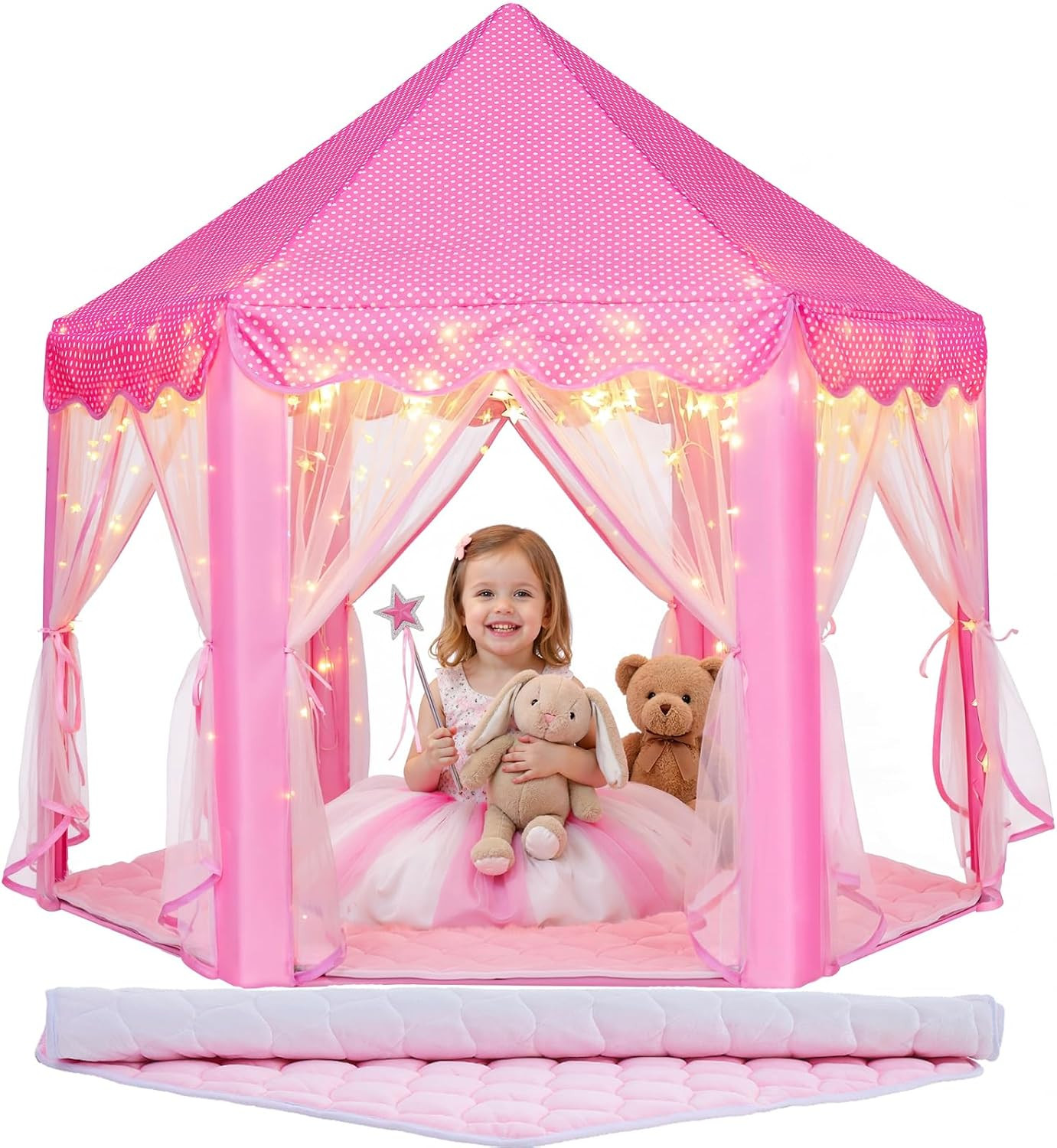 Monobeach Princess Tent for Kids: with Flannel Hexagon Floor Mat & Star Lights, Girls Large Playhouse Castle Play Tent, Toy for Children Indoor and Outdoor Games, 55" x 53" | Amazon (US)