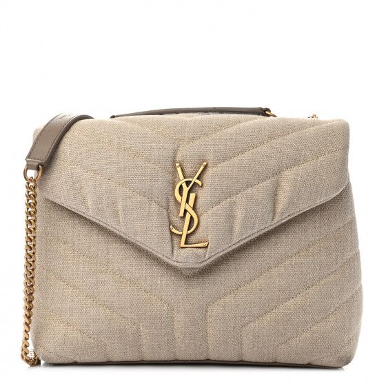 SAINT LAURENT Linen Y Quilted Monogram Small Loulou Chain Satchel Natural Taupe | Fashionphile