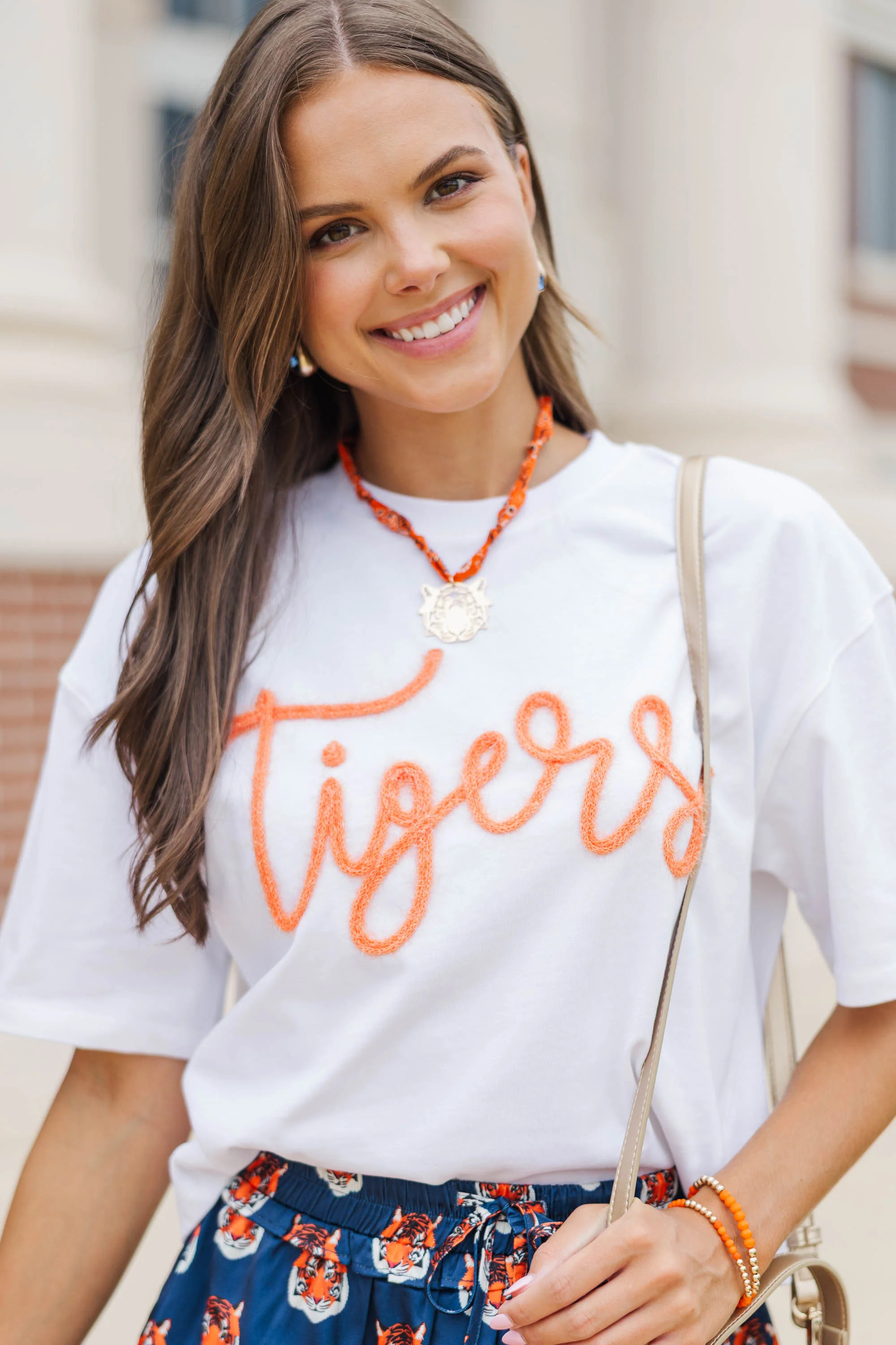 Here To Win White & Orange Tigers Script Tee | The Mint Julep Boutique