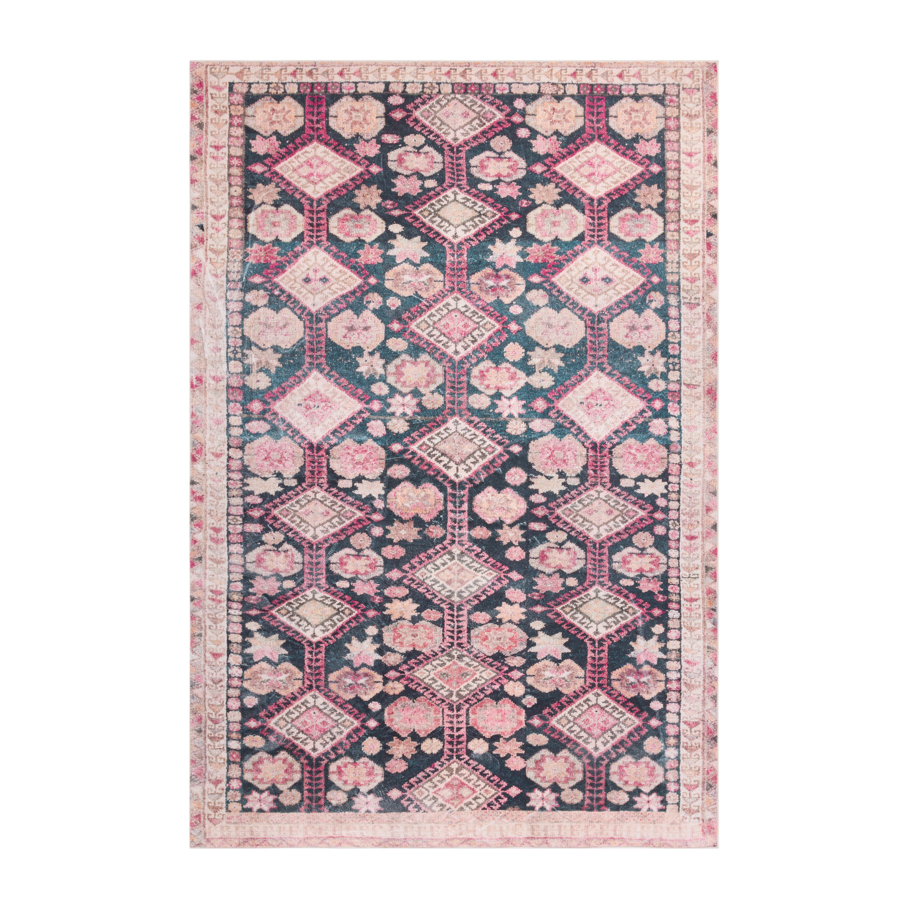 Taza Pink and Navy Diamond Floral Traditional Style Area Rug | World Market