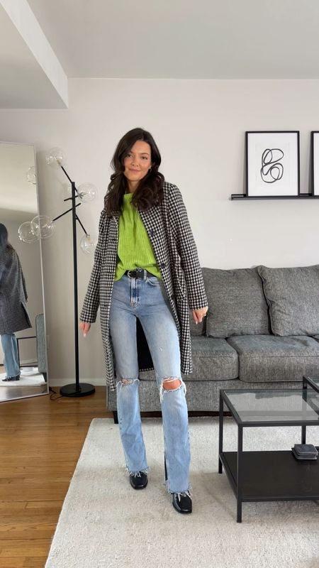 Green sweater & ripped jeans 🤍 

Wearing size small in coat & sweater! Jeans aren’t linkable but they are the Zara 1975 slim flare high rise in the color mid-blue  

#LTKSeasonal #LTKFind #LTKunder100