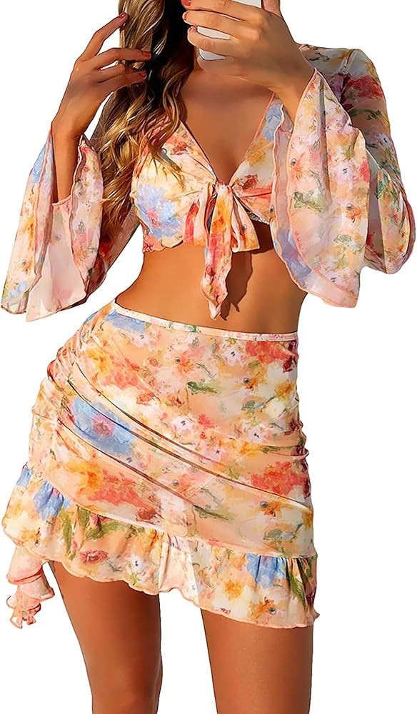 SHENHE Women's 4 Piece Halter Swimsuits with Cover Up Floral Triangle Cheeky Bikini Set | Amazon (US)