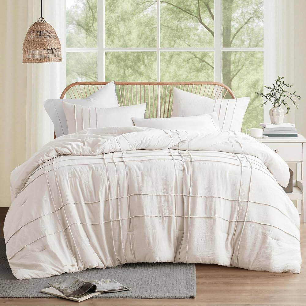 Comfort Spaces Cream King Size Comforter Set - 3 Pieces Pintuck Pleated Bedding Sets, All Season ... | Amazon (US)