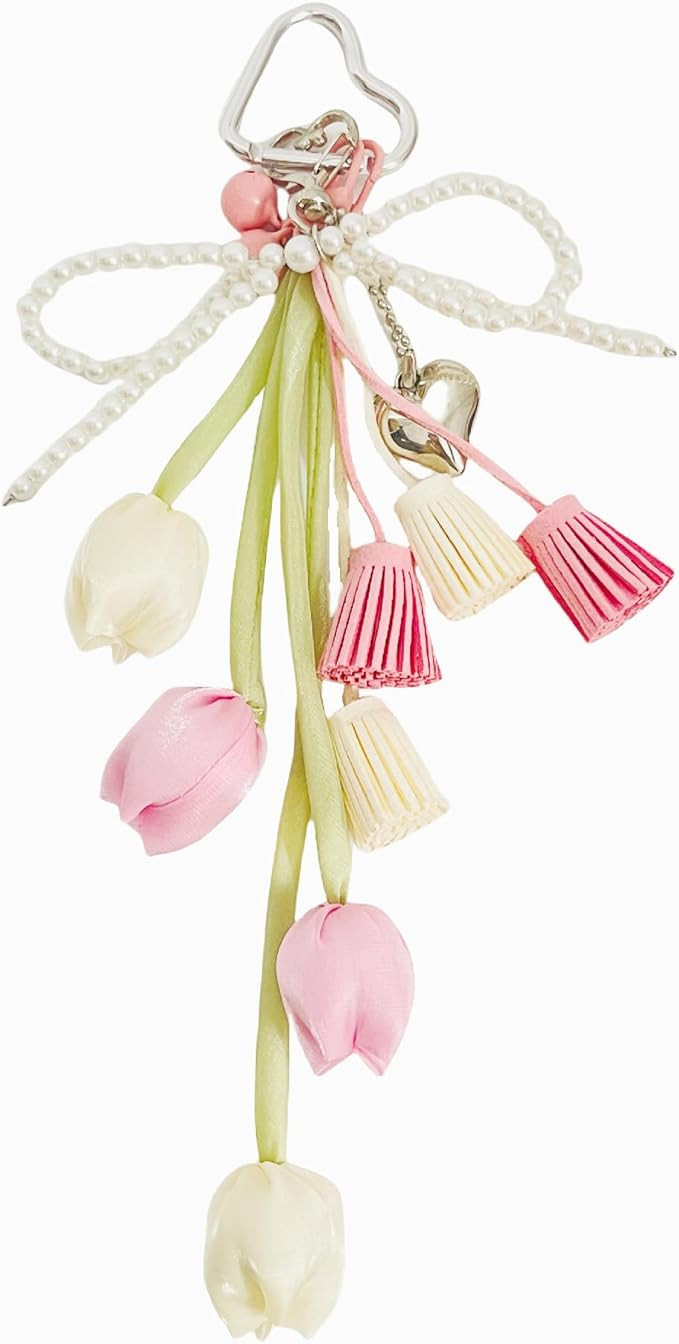 QTMY Tulip Tassel Bow Pearl Beaded Braided Keychain Bag Charms for Handbag Purse Backpack Accesso... | Amazon (US)