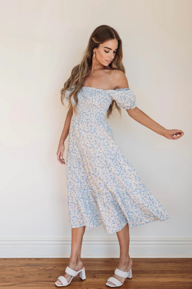Lucky Timing Blue Floral Puff Sleeve Midi Dress | Pink Lily