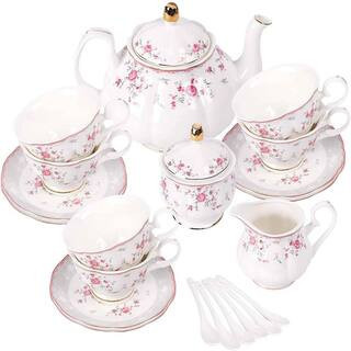 Vintage Floral 6-Cup Porcelain Tea Set in Pink Rose, Teapot Service with Cups, Saucers, Spoons, Sugar Bowl and Milk Jug | The Home Depot