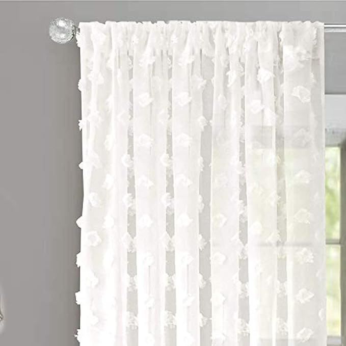 DriftAway Olivia White Voile Chiffon Sheer Window Curtains, Embroidered with Pom Pom, Set of Two Pan | Amazon (US)
