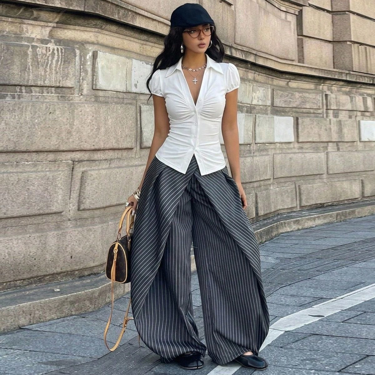 Coolane Women's Summer Streetwear Preppy Vintage Office Wear Business Casual Chic Striped Comfortable Baggy Wide Leg Curved Hem Pants | SHEIN