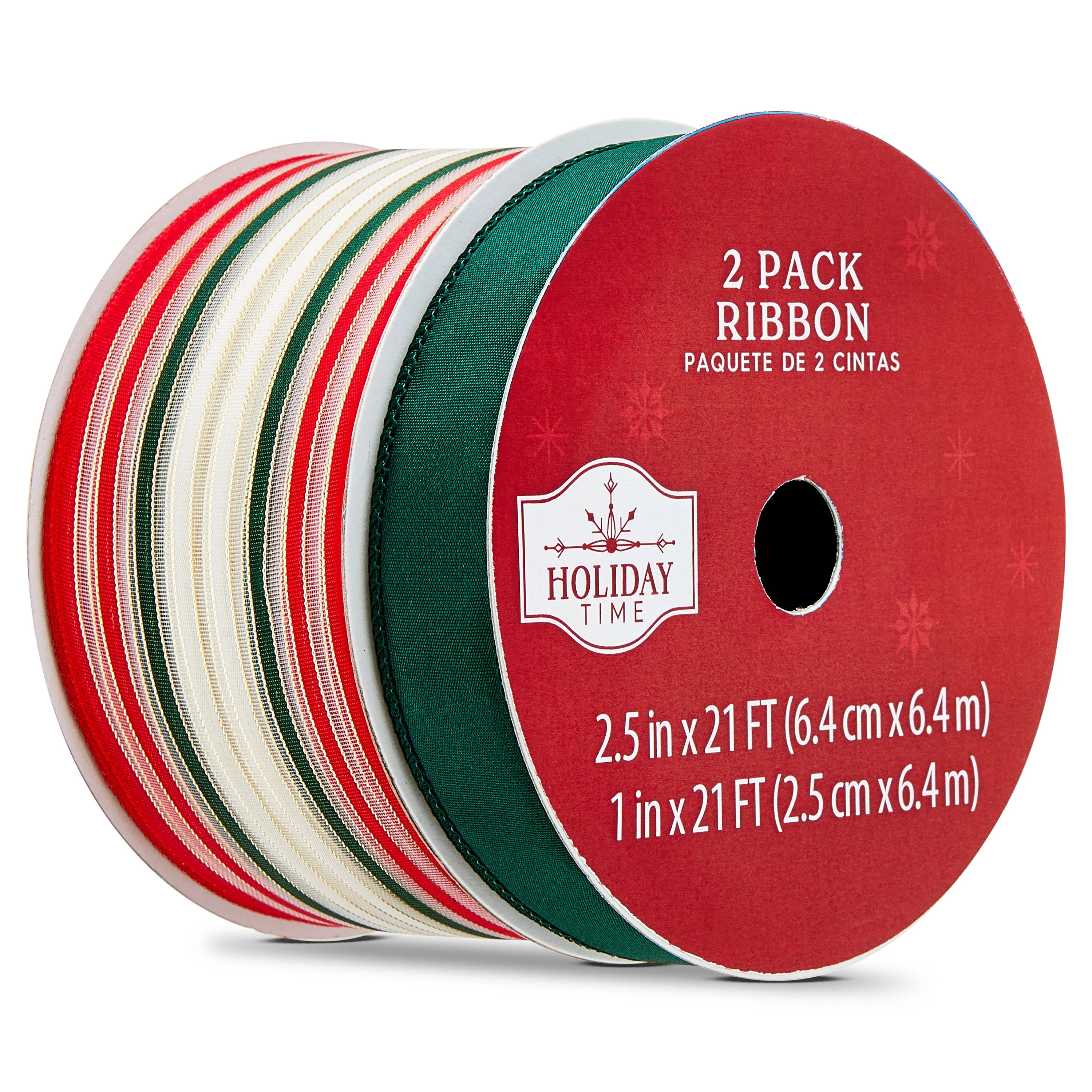 Solid Green and Red/Green/White Striped Christmas Ribbons, 21', 2 Count, by Holiday Time | Walmart (US)