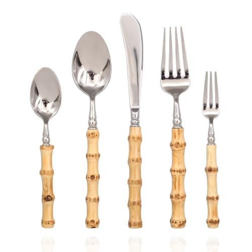 BLEWAR Bamboo Silverware Set 18/10 Stainless Steel Tableware Set Natural Flatware Spoon Fork Knives Bamboo Handle Cutlery for Kitchen Utensil Wedding Home Restaurant Party (5 piece for 1) | Amazon (US)