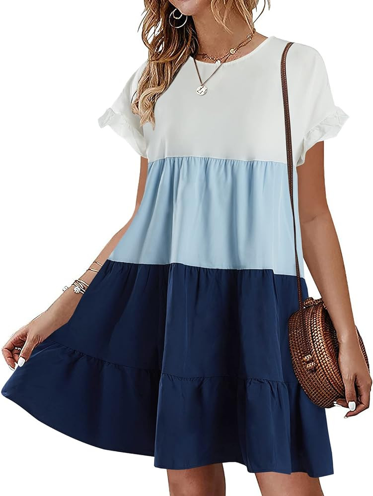 Looks Cute Women Summer Casual Ruffles Dress Color Block Short Sleeve Babydoll Loose Swing Flowy T-S | Amazon (US)