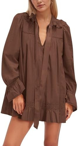 Long Sleeve Babydoll Dresses Women Fall V Neck Lace Trim Mini Dress Flowy Puff Sleeve Tie Front A... | Amazon (US)