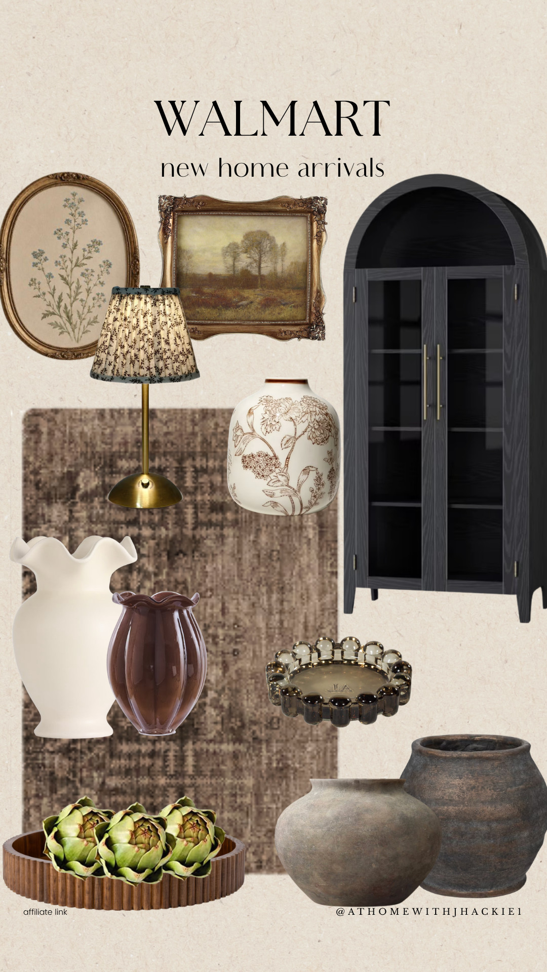 Walmart Home Decor, home decor, Walmart home decor, Walmart new arrivals, affordable home decor, budget friendly home finds, vintage inspired decor, antique style wall art, botanical wall art, arched cabinet, black display cabinet, moody home decor, neutral home decor, vintage rugs, brass table lamp, floral ceramic vase, white sculptural vase, smoked glass vase, decorative pottery, textured vases, wood decorative tray, faux artichokes, coffee table styling, shelf styling, cozy home inspiration, fall home decor, timeless home decor, organic modern decor, rustic modern style

#LTKHome