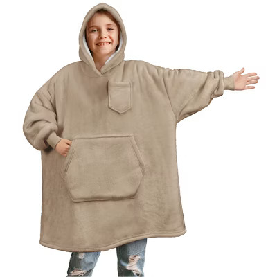 PAVILIA Wearable Blanket Sweatshirt Kids Boy Girl, Warm Cozy Giant Hoodie, Fleece Faux Shearling Oversized Sweater, Big Pocket (Taupe Tan, Kids) | Target