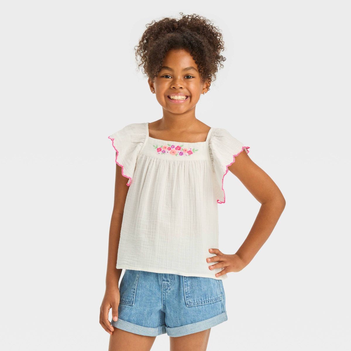 Girls' Ruffle Sleeve Woven Embroidered Top - Cat & Jack™ | Target