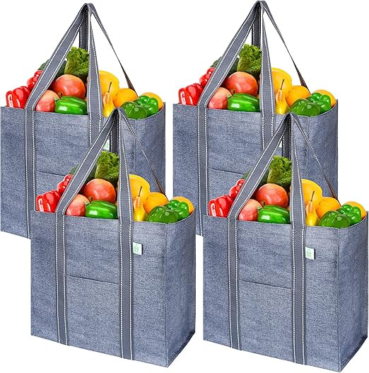 VENO 4 Pack Reusable Grocery Shopping Bag w/Hard Bottom, Foldable, Multi-Purpose Heavy-Duty Tote,... | Amazon (US)