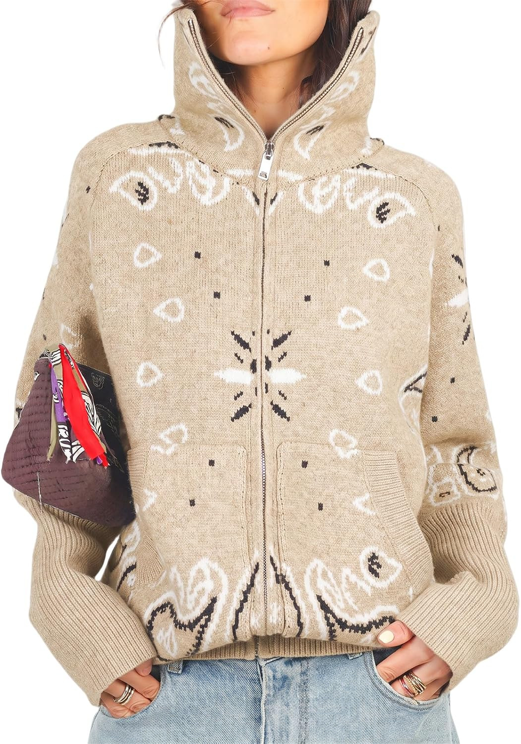 Women's Zip Up Cardigan Sweaters Casual Patterned Stand Collar Sweater Fall Trendy Cool Knit Cardigan | Amazon (US)