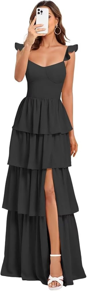 Tiered Chiffon Bridesmaid Dress Ruffle Prom Dresses for Women A Line Formal Evening Gown with Sli... | Amazon (US)