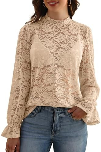 Womens Lace Long Sleeve Tops Dressy Casual Mock Neck Blouses Floral Elegant Sheer Shirts Date Nig... | Amazon (US)