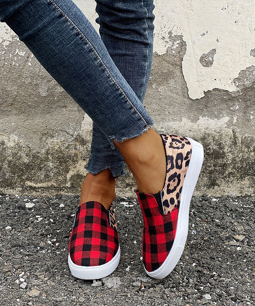 PAOTMBU Women's Sneakers RED - Red & Black Buffalo Plaid Leopard Slip-On Sneaker - Women | Zulily