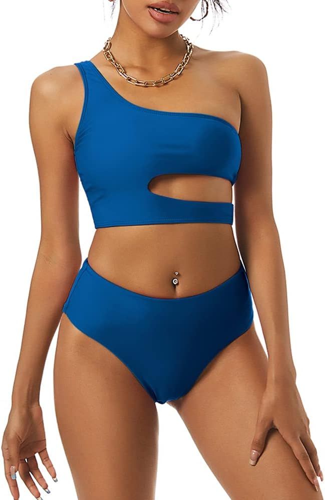 ZAFUL Swimwear One Shoulder Cut Out High Cut Bikini Sexy Two Piece Bathing Suits for Women | Amazon (US)