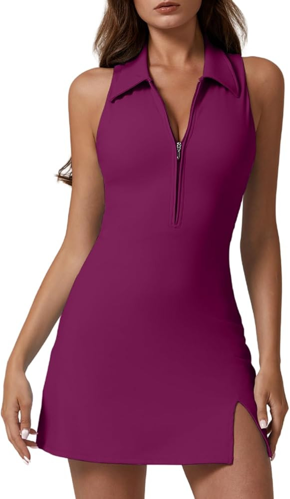 QINSEN Womens Zip Front Tennis Dress Polo Collar Racer Back Workout Golf Dresses Build in Shorts ... | Amazon (US)