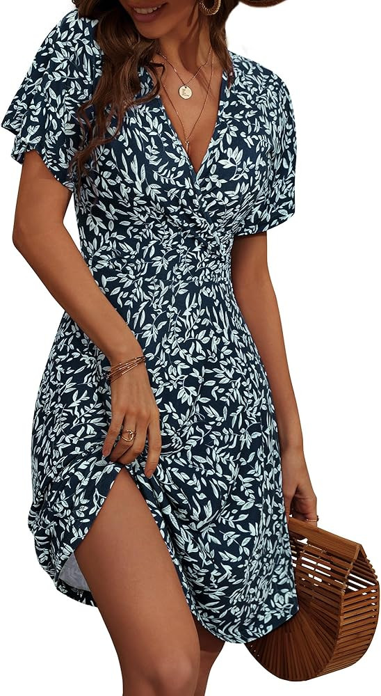 FENSACE Womens Sundress Summer Floral Short Sleeve Wrap V Neck A-Line Midi Dress | Amazon (US)