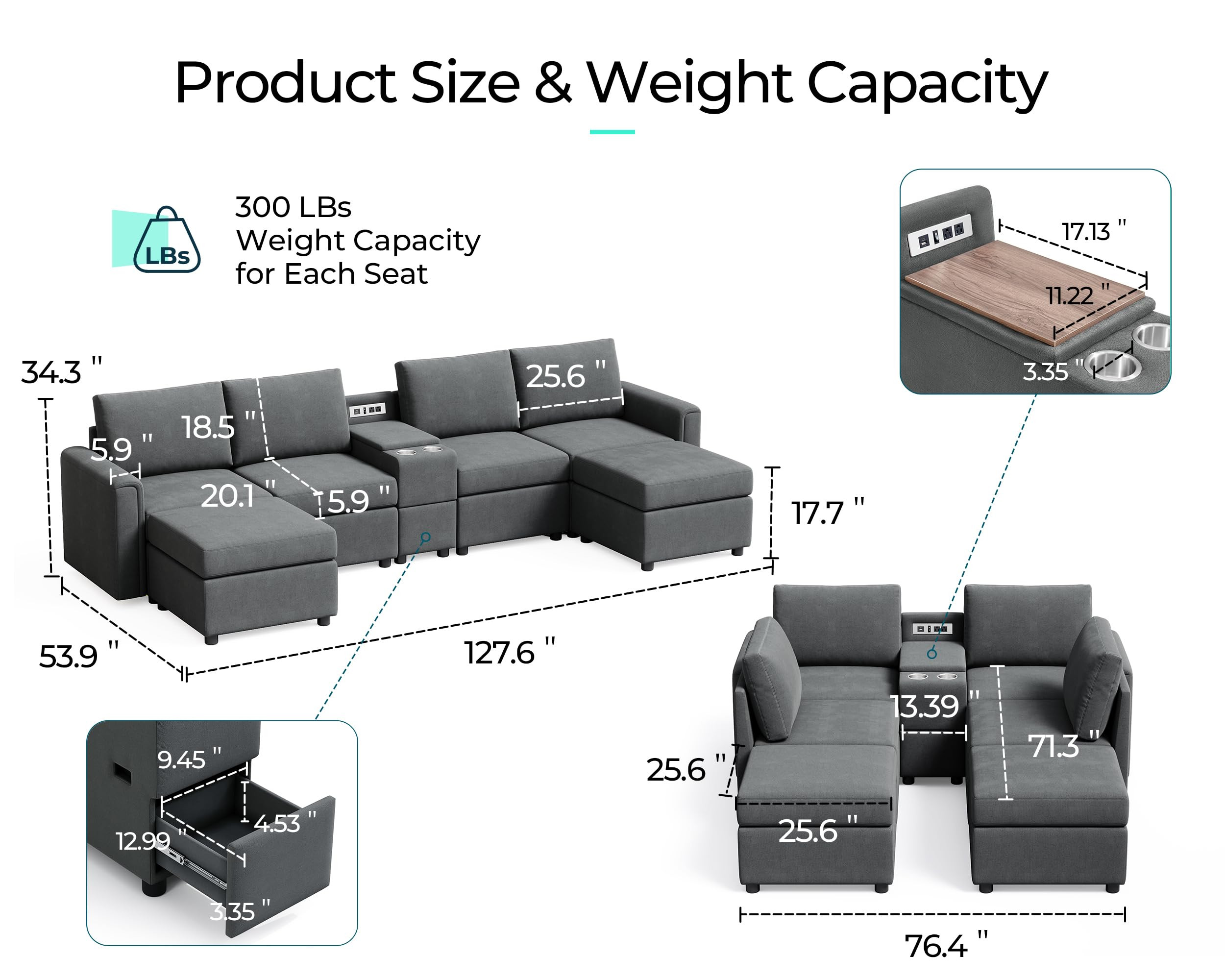 LINSY HOME Modular Sofa, Rubik I Sectional Couch with Versatile Console and Storage Seat, 4 Seat ... | Amazon (US)