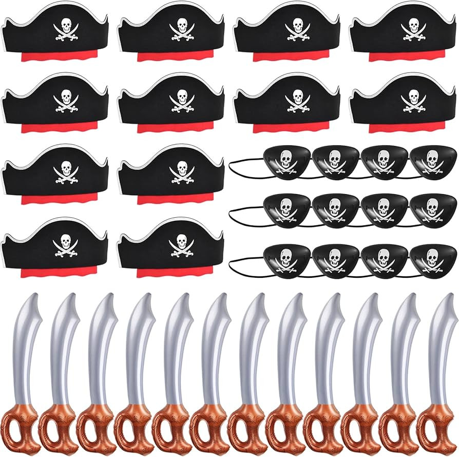 ZeeDix 36 Pcs Pirate Accessories for Kids, Include 12 Pirates Hats, 12 Eye Patches and 12 Swords,... | Amazon (US)