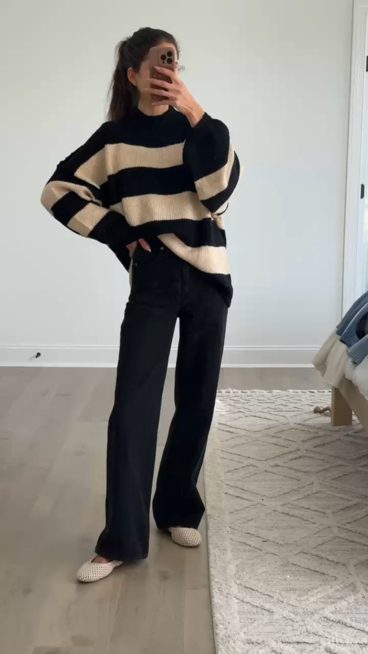 Neutral outfit inspiration with an oversized striped sweater and black wide leg jeans. Easy everyday outfit, casual chic style, fall outfit ideas, winter outfit basics, neutral color outfit, relaxed fit sweater, wide leg denim, comfortable everyday fashion, simple capsule wardrobe pieces.


#LTKFindsUnder50 #LTKWorkwear #LTKSeasonal