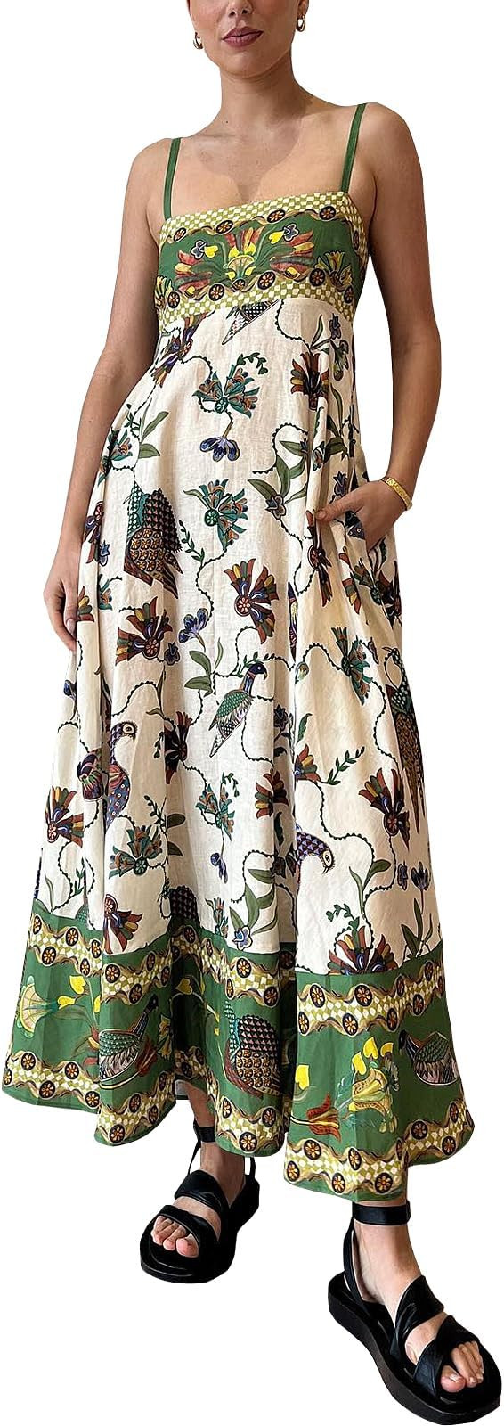 Women Spaghetti Strap Graffiti Maxi Dress Sleeveless Loose Boho Flowy Long Sundress Colorful A Li... | Amazon (US)