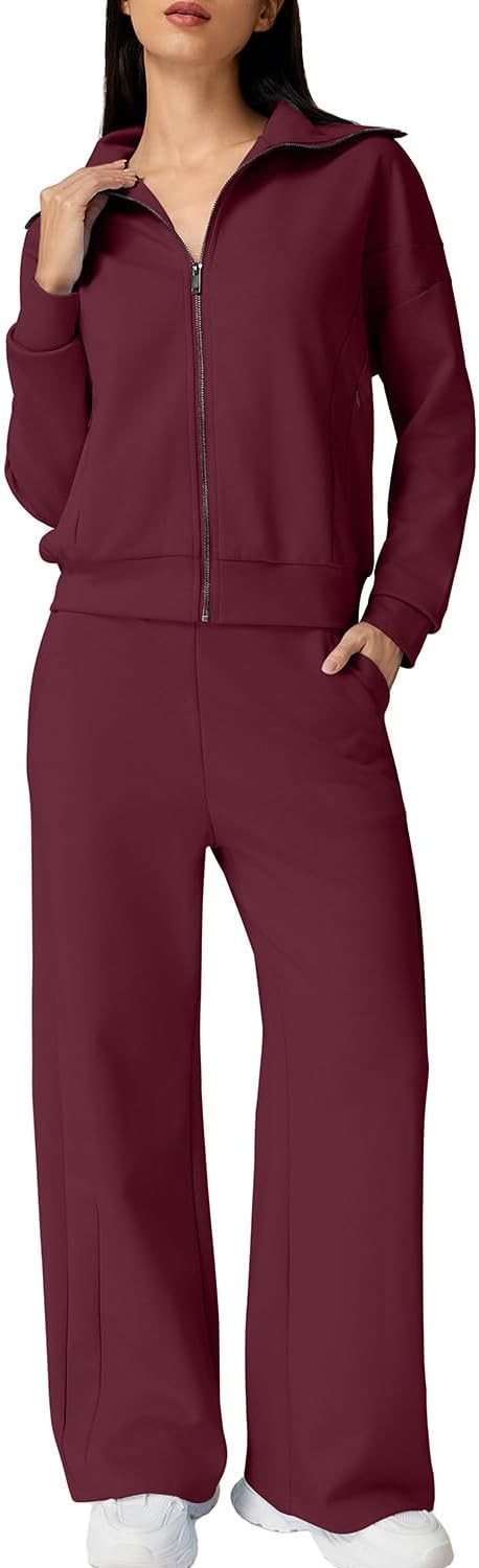 QINSEN Women's Cotton 2 Piece Outfits Lapel Long Sleeve Zip Up Sweatshirt Wide Leg Pants Matching Tracksuit Sets | Amazon (US)