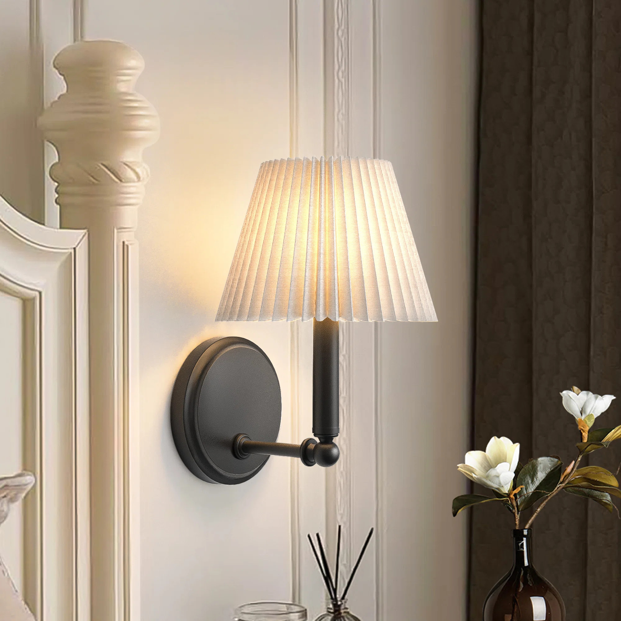 1 - Light 7''W Dimmable Black Iron ETL Armed Sconce With White Linen Shade | Wayfair North America