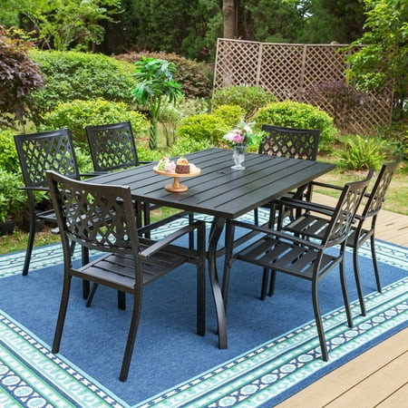 MF Studio 7-Piece Outdoor Patio Dining Set with Stackable Chairs & 6-Person Table, Modern Metal Steel Patio Furniture, Black | Walmart (US)