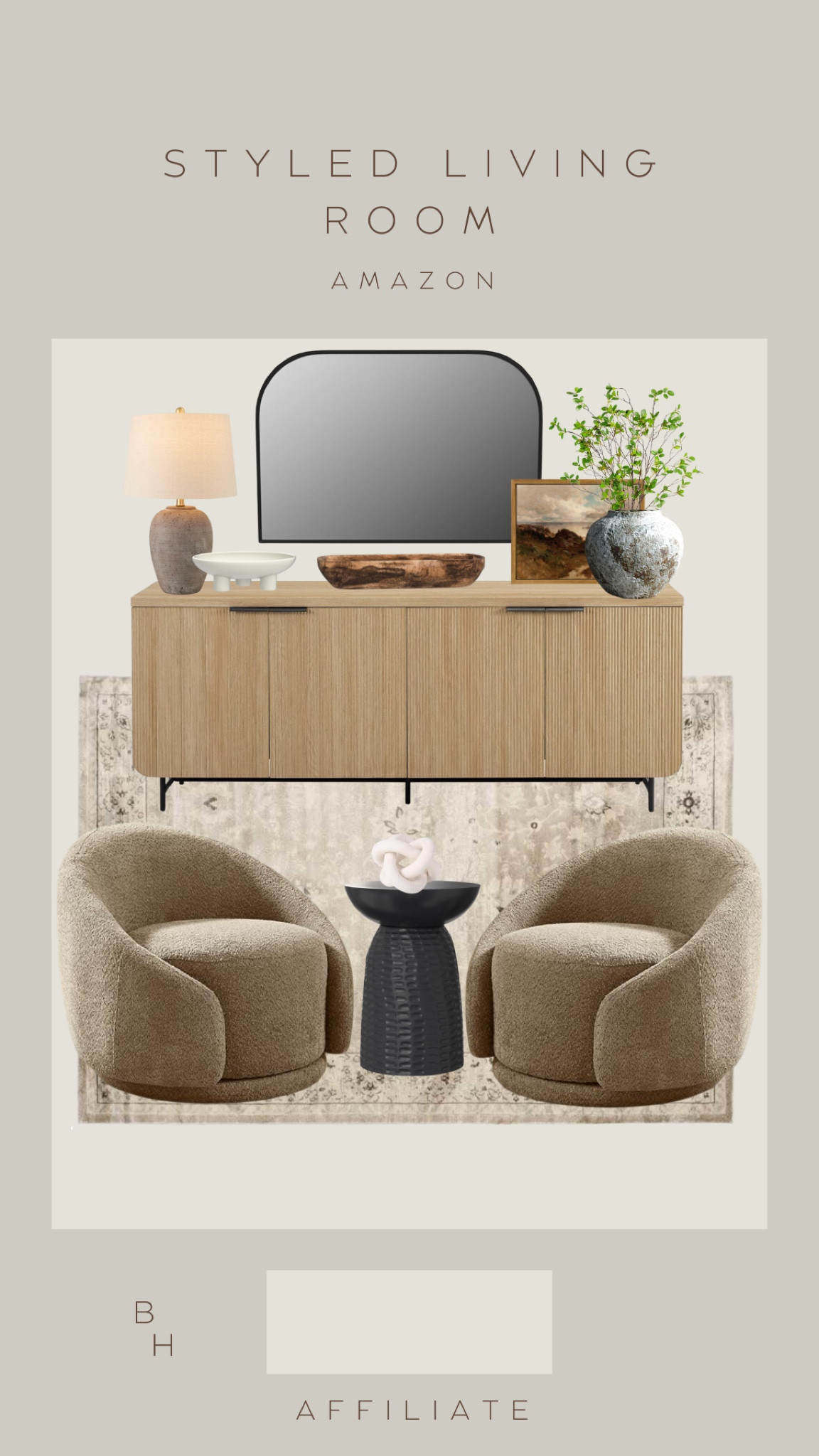 Styled living room on Amazon! Styled living room, living room, boucle chair, accent chair, accent able, buffet, sideboard, dining room, arched mirror, lamps. 

#LTKstyletip #LTKhome