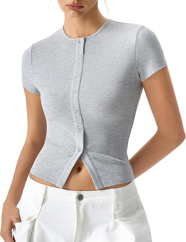 QINSEN Women's Crewneck Short Sleeve T Shirts Ribbed Button Going Out Trendy Tops | Amazon (US)