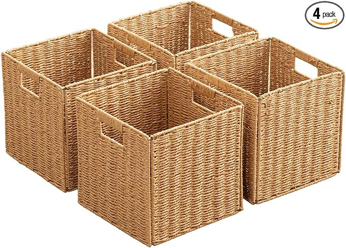 Foldable Storage Baskets with Handles Paper Rope Storage Baskets Rectangle Collapsible Hand Woven... | Amazon (US)