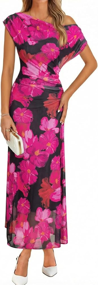 BLENCOT Women's Floral Off Shoulder Maxi Dress Ruched Bodycon Summer Wedding Guest Party Gown | Amazon (US)