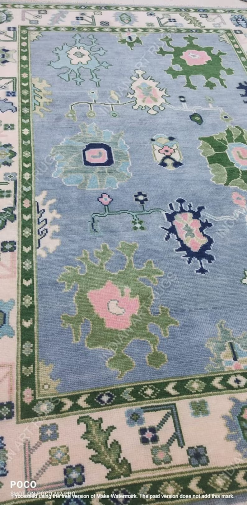 9X12  Sky Blue beige with pink and green Oushak Made to Order (In Any Size!!!!!) Geometric Knotte... | Etsy (US)