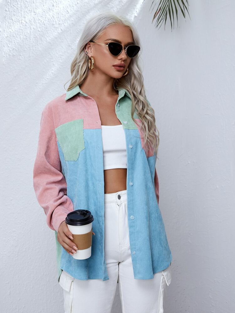 Colorblock Button-Front Patch Pocket Shirt | SHEIN