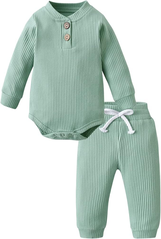 Newborn Baby Boy Girl Clothes Ribbed Cotton Long Sleeve Romper and Pants Outfits Set | Amazon (US)