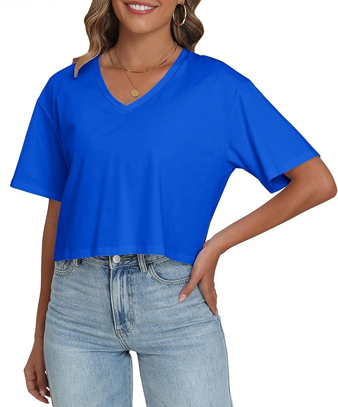 PRIMODA Women's Oversized Crop Tops Boxy V Neck Short Sleeve Cropped T Shirts Loose Summer Workou... | Amazon (US)