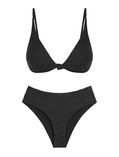 ZAFUL Womens Black High Wasited Bikini Set Padded Push Up Kont Swimsuit Cheeky Brazilian High Cut Thong 2 Piece Textured Bathing Suit M | Amazon (US)